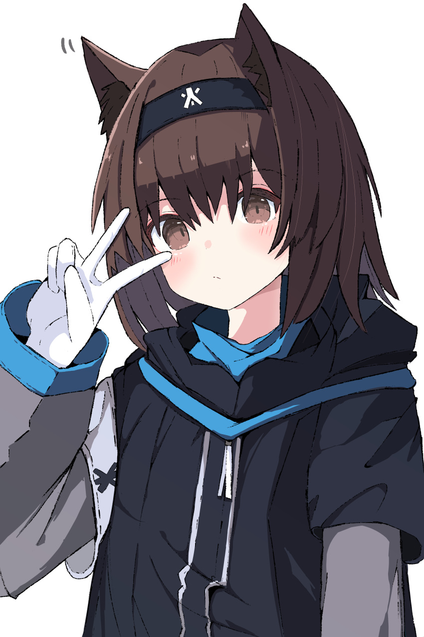 1girl absurdres animal_ears arknights bangs black_hairband black_sweater blush brown_eyes brown_hair cat_ears extra eyebrows_visible_through_hair gloves hairband hand_up highres layered_sleeves long_sleeves looking_at_viewer nui_(nuinui0300) rhodes_island_medic_(arknights) short_hair simple_background solo sweater upper_body v_over_eye white_background white_gloves