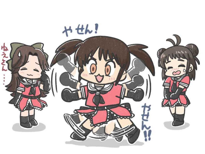 &gt;_&lt; 3girls afterimage alternate_hairstyle antenna_hair black_gloves black_neckerchief black_skirt brown_hair chibi closed_eyes double_bun elbow_gloves ferret-san gloves hair_bun hair_intakes half_updo jintsuu_(kancolle) jintsuu_(kantai_collection) kantai_collection long_hair microphone multiple_girls naka_(kancolle) naka_(kantai_collection) neckerchief red_shirt sailor_collar school_uniform sendai_(kancolle) sendai_(kantai_collection) serafuku shirt simple_background skirt translation_request twintails two_side_up white_background white_sailor_collar