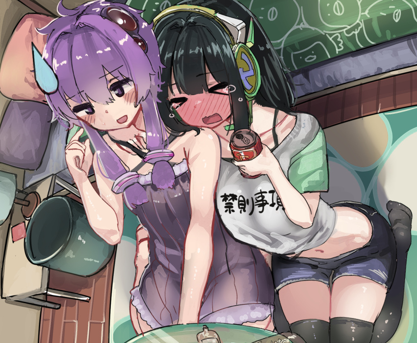 &gt;_&lt; 2girls :d bangs bare_arms bare_shoulders black_hair black_thighhighs blush breasts can clothes_writing dress flat_chest full-face_blush hair_between_eyes hair_intakes hair_ornament hand_on_another's_neck hand_under_clothes hand_up headphones holding holding_can indoors kyoumachi_seika lamp long_hair low_twintails medium_breasts microa multiple_girls navel open_mouth pillow purple_dress purple_hair short_hair_with_long_locks short_sleeves shorts sitting sleeping smile sweatdrop table tears thigh-highs thighhighs trash_can twintails violet_eyes vocaloid voiceroid wariza wavy_mouth wooden_floor yuzuki_yukari zettai_ryouiki