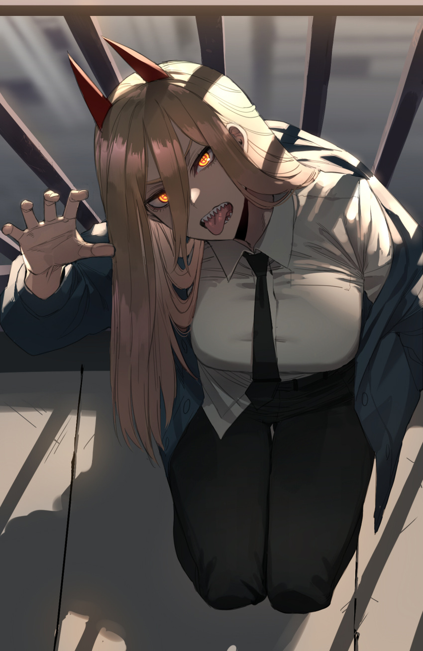 1girl black_necktie black_pants blonde_hair blurry blurry_background breasts business_suit chainsaw_man collared_shirt cross-shaped_pupils crosshair_pupils demon_girl demon_horns dress_shirt fangs formal hair_between_eyes head_tilt highres horns kneeling large_breasts looking_at_viewer necktie off_shoulder open_mouth original outdoors pants power_(chainsaw_man) railing ratatatat74 red_horns revision sharp_teeth shirt solo suit teeth tongue tongue_out untucked_shirt white_shirt