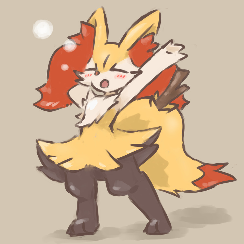 1girl absurdres animal_ear_fluff animal_ears animal_feet animal_nose arm_behind_head arms_up black_fur blush body_fur braixen brown_background closed_eyes commentary_request flat_chest fox_ears fox_girl fox_tail fur_collar furry furry_female gradient gradient_background highres multicolored_fur open_mouth outstretched_arm partial_commentary pokemon pokemon_(creature) san_(sanchimpo) simple_background sketch solo stick stretching tail white_fur yawning yellow_fur