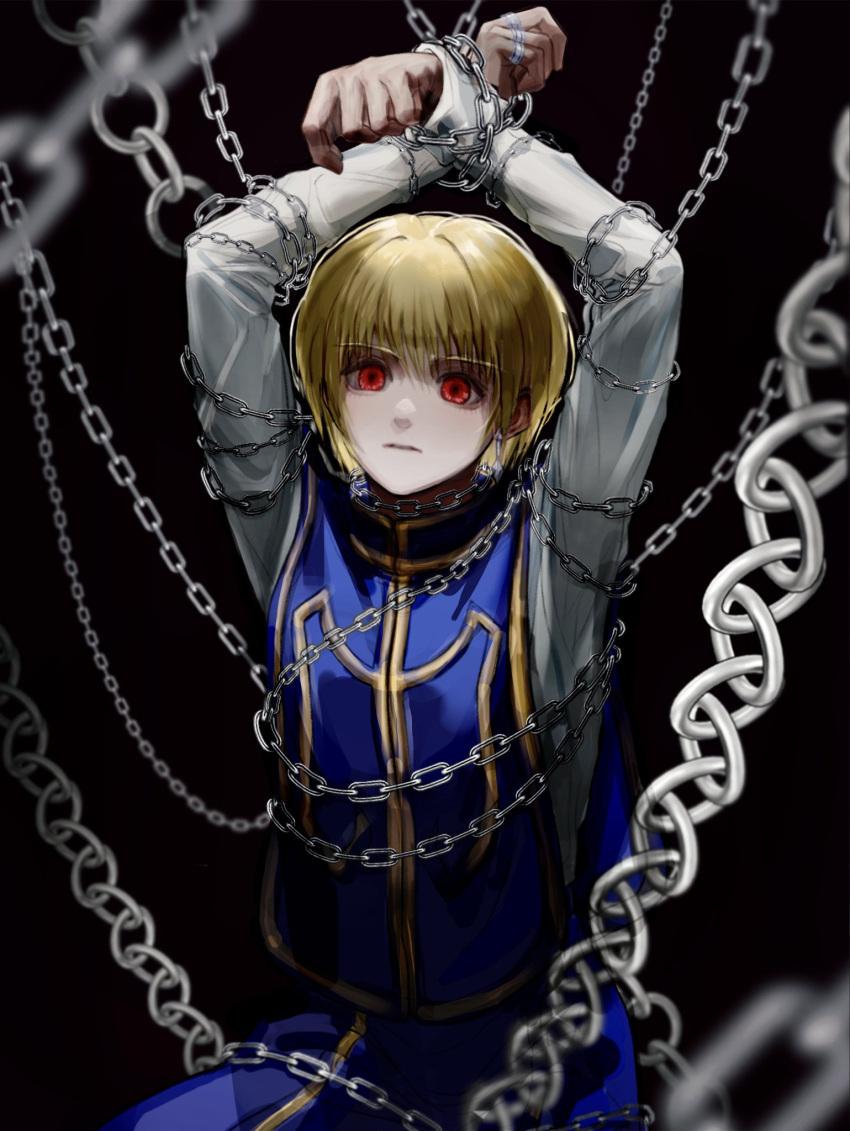 1boy 1girl androgynous arms_up bangs bdsm blonde_hair bound chain chained cuffs earrings expressionless feet_out_of_frame handcuffs highres hunter_x_hunter jewelry kurapika long_sleeves looking_at_viewer male_focus red_eyes shackles shirt short_hair simple_background solo suhoyongjungtea tabard white_shirt