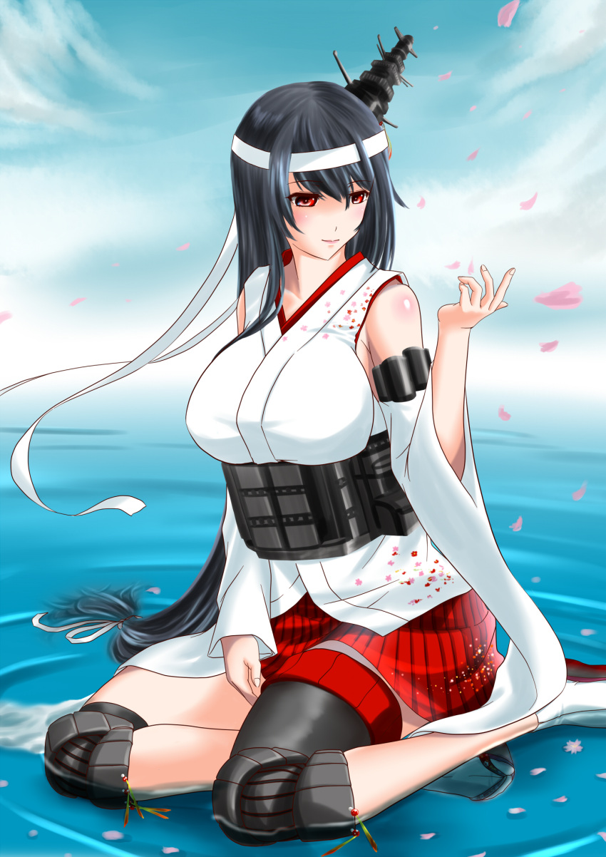 1girl black_hair blue_sky breasts clouds commentary_request day detached_sleeves fusou_(kancolle) fusou_(kantai_collection) hair_ornament headgear highres japanese_clothes kantai_collection kiriki_haruomi knee_pads large_breasts long_hair nontraditional_miko outdoors petals pleated_skirt red_eyes red_skirt sitting skirt sky solo wariza water wide_sleeves
