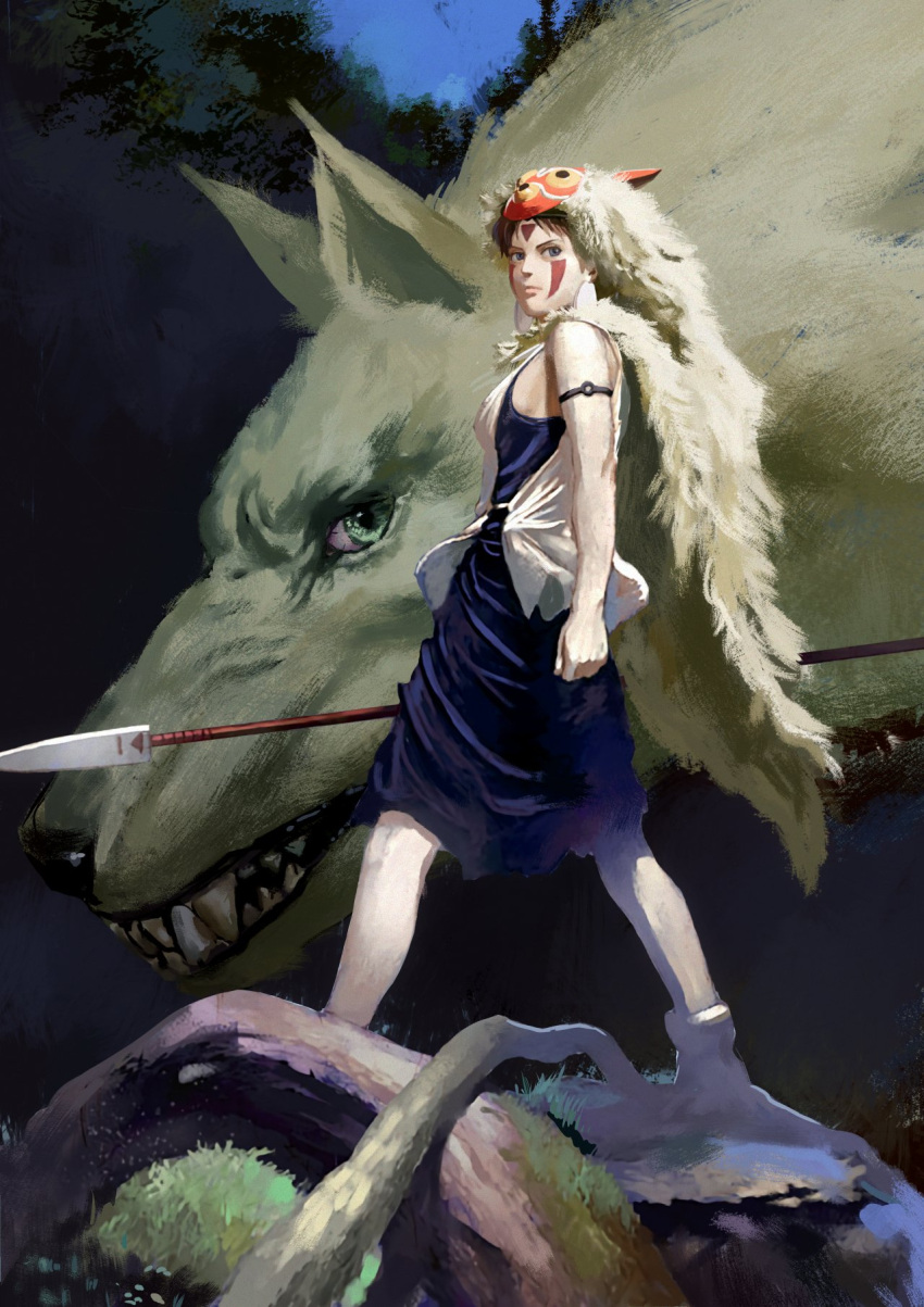 1girl animal bare_arms breasts brown_eyes brown_hair closed_mouth earrings facepaint facial_mark forest fur highres itou_satoshi jewelry mask mononoke_hime nature necklace san_(mononoke_hime) short_hair tooth_necklace weapon wolf