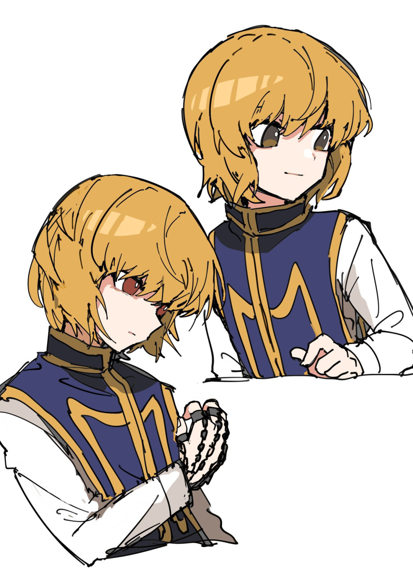 1other blonde_hair brown_eyes clenched_hand closed_mouth eyebrows_visible_through_hair highres hunter_x_hunter kurapika long_sleeves multiple_views red_eyes sayuwan short_hair simple_background tagme white_background
