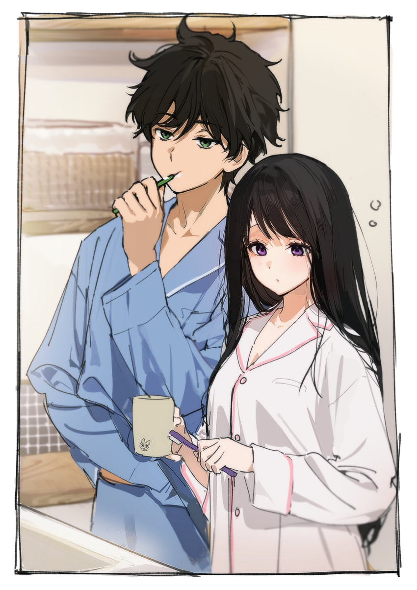 1boy 1girl black_hair brushing_teeth chitanda_eru couple cup green_eyes hetero highres holding hyouka long_hair mery_(yangmalgage) messy_hair mug oreki_houtarou purple_eyes shirt short_hair sleepy toothbrush upper_body violet_eyes