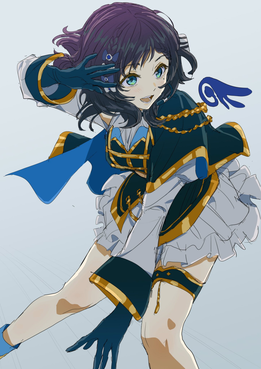 1girl aiba_uiha aiguillette arm_up artist_request bad_id bad_twitter_id belt black_hair blue_bow blue_eyes blue_gloves bow braid cape gloves gold_trim gradient green_cape green_vest hair_bow highres leaning_forward microphone mini_wings music nijisanji open_mouth singing skirt smile solo thigh_strap vest virtual_youtuber white_skirt wings