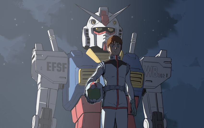 1boy amuro_ray backlighting blue_eyes bright_pupils brown_hair clouds cloudy_sky curly_hair earth_federation earth_federation_space_forces gundam headwear_removed helmet helmet_removed highres holding holding_helmet looking_down male_focus mecha mobile_suit mobile_suit_gundam night outdoors pilot_suit psylduck robot rx-78-2 science_fiction sky spacesuit star_(sky) starry_sky upper_body v-fin white_pupils yellow_eyes