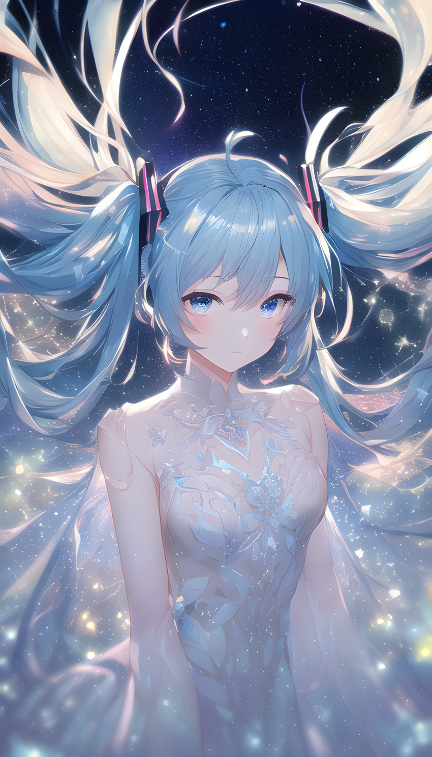 1girl :| absurdres artist_request backlighting bangs bare_shoulders blue_eyes blue_hair breasts closed_mouth collarbone dress hair_ornament hatsune_miku highres long_hair looking_at_viewer original skin_tight solo standing twintails very_long_hair white_dress