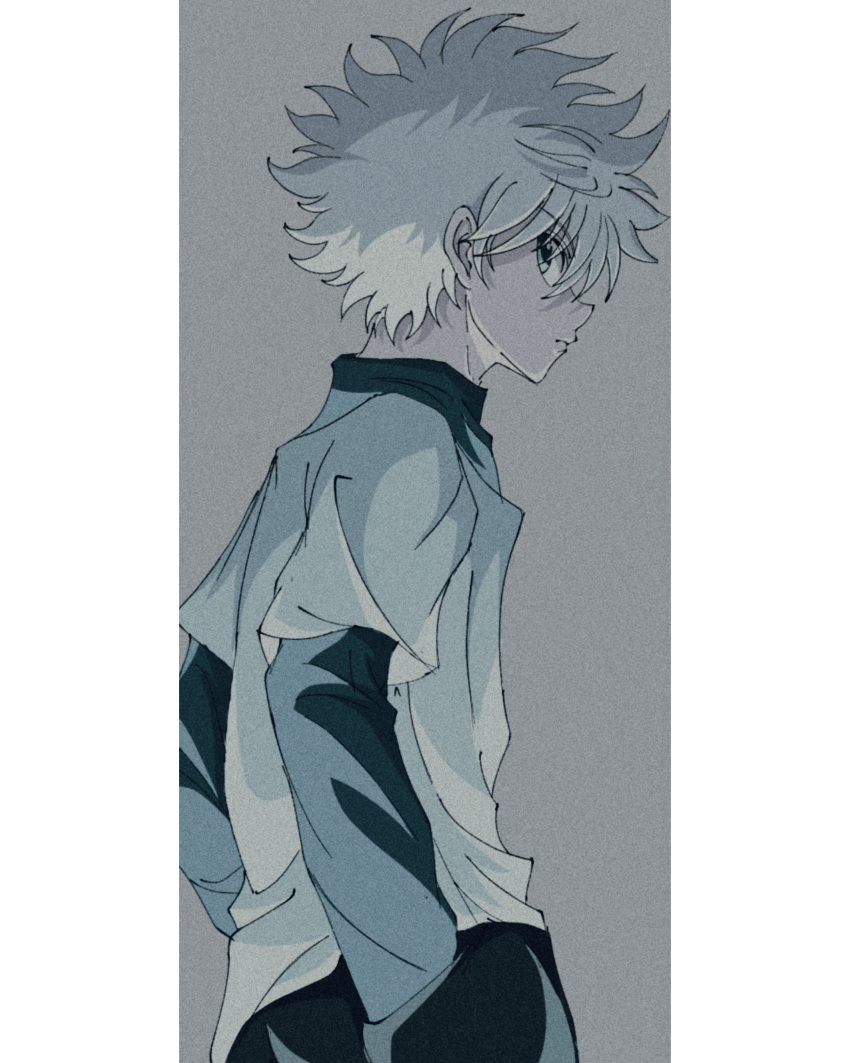 1boy absurdres blue_eyes cowboy_shot enoki_(gongindon) from_side hands_in_pockets highres hunter_x_hunter killua_zoldyck long_sleeves looking_at_viewer male_focus monochrome shirt short_hair sideways_glance solo spiky_hair t-shirt white_hair
