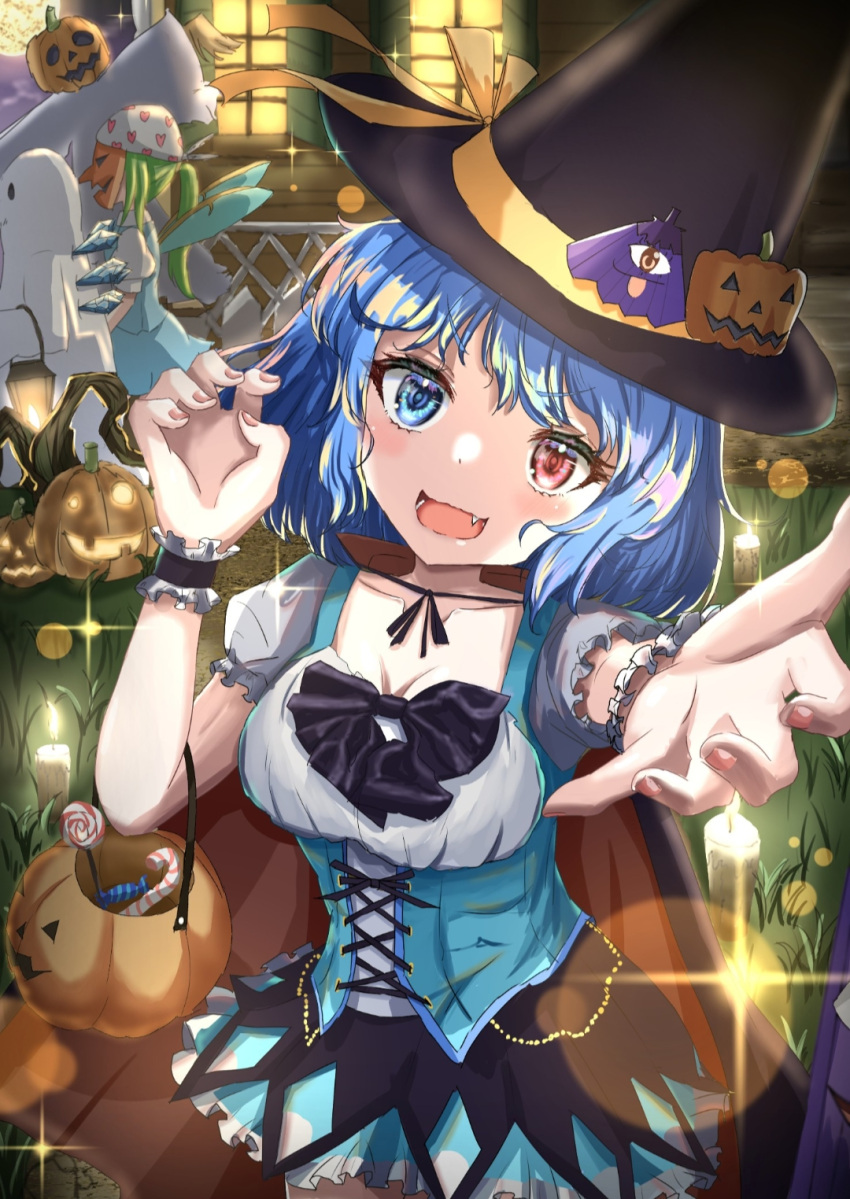 1girl 3girls :d basket black_bow black_bowtie black_headwear black_skirt blue_eyes blue_hair bow bowtie breasts candy candy_cane cirno cross-laced_clothes daiyousei fairy_wings fang food ghost ghost_costume green_hair halloween halloween_costume hat heart heart_print heterochromia highres ice ice_wings jack-o'-lantern lantern light_particles lobstrater64 looking_at_viewer multiple_girls open_mouth pumpkin red_eyes short_sleeves skirt smile solo solo_focus tatara_kogasa touhou white_headwear window wings witch_hat wrist_cuffs