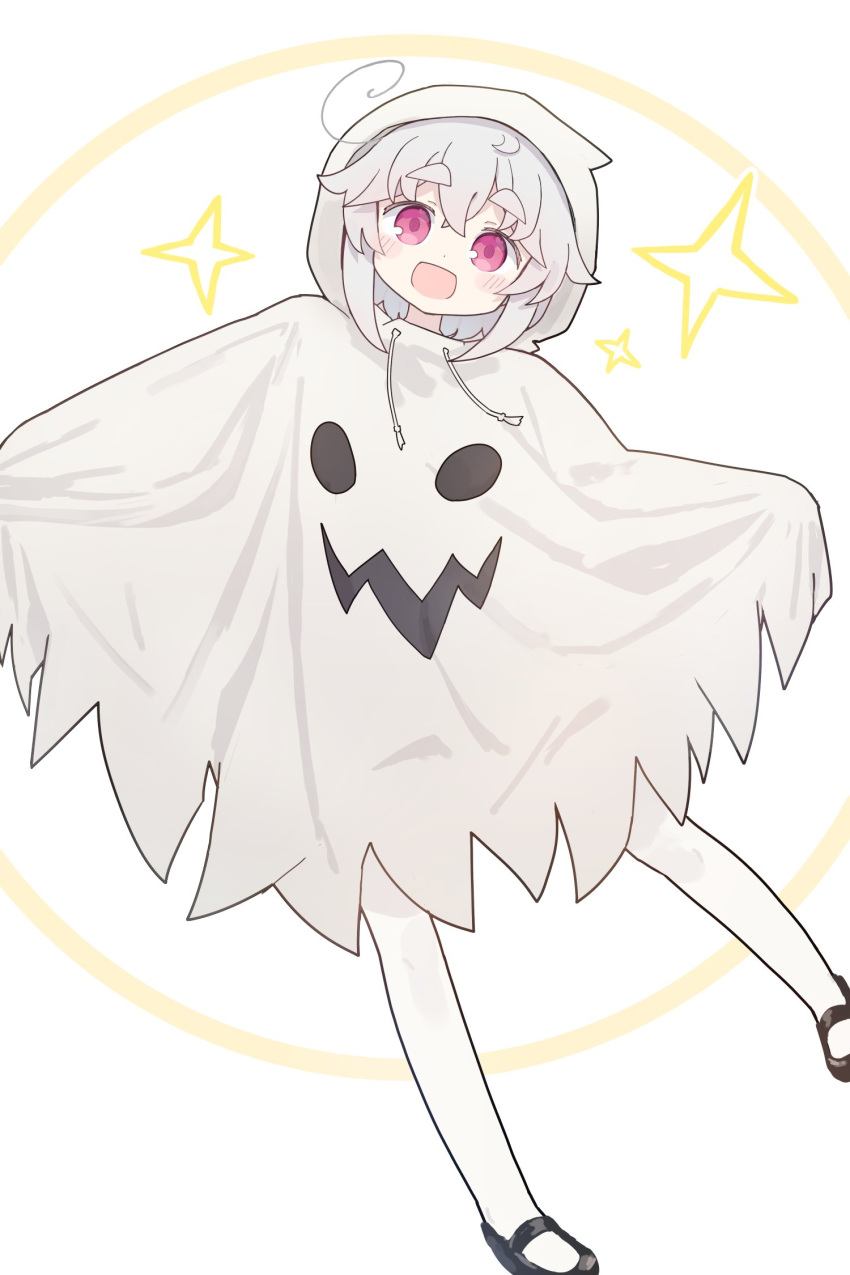 1girl :d d full_body ghost_costume hair_flaps halloween_costume highres kibisake looking_at_viewer open_mouth original red_eyes short_eyebrows short_hair simple_background smile solo sparkle star_(symbol) torii_koyomi white_background white_hair