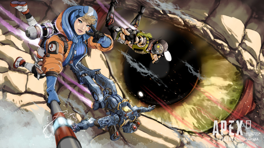 1girl 2boys apex_legends artist_name backpack bag bangs black_gloves black_headwear blonde_hair blue_eyes blue_gloves blue_headwear blush bodysuit breasts cable collaboration copyright_name creature electricity english_commentary eureka1812 fingerless_gloves floating_hair flying gloves glowing goggles hanjosi highres hood hooded_jacket humanoid_robot ifragmentix jacket lichtenberg_figure lightning_bolt_symbol looking_at_viewer mechanical_legs medium_breasts mole mole_under_eye multiple_boys one-eyed open_hands orange_jacket parted_lips red_eyes ribbed_sweater scar scar_on_cheek scar_on_face science_fiction smile sweater upper_body v wattson_(apex_legends) weapon white_bodysuit