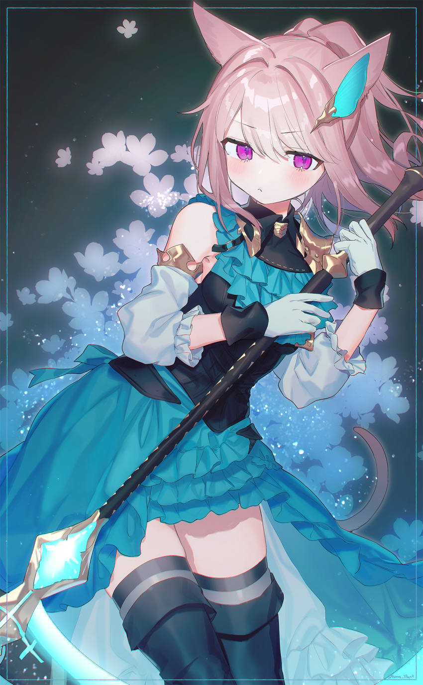 1girl :&lt; animal_ears avatar_(ff14) blue_skirt boots breasts cat_ears cat_girl cat_tail detached_sleeves final_fantasy final_fantasy_xiv funa_(sakana) gloves hair_ornament high-low_skirt highres holding holding_scythe holding_weapon light_brown_hair medium_breasts medium_hair miqo'te ponytail scythe skirt solo tail thigh_boots thighhighs v-shaped_eyebrows violet_eyes weapon white_gloves