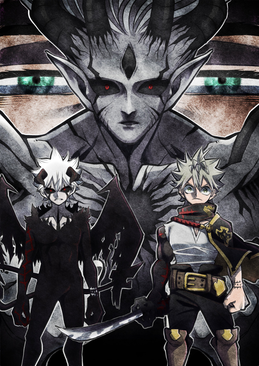 absurdres ahoge arm_tattoo asta_(black_clover) black_bull_(emblem) black_capelet black_clover black_sclera capelet colored_sclera demon_horns demon_tail demon_wings green_eyes grey_hair highres holding holding_sword holding_weapon horns katana liebe_(black_clover) looking_at_viewer red_eyes shirt spiky_hair sword tail tarou_tanaka_01 tattoo weapon white_hair white_shirt wings