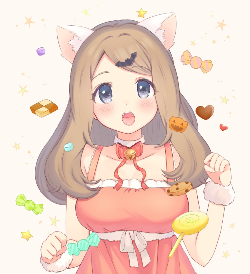 1girl alternate_costume animal_ears bat_hair_ornament bell blush brown_hair candy candy_wrapper cat_ears collarbone commentary dress eyelashes food gradient gradient_background grey_eyes hair_ornament heart highres long_hair looking_at_viewer nasakixoc open_mouth paw_pose pokemon pokemon_(game) pokemon_xy serena_(pokemon) sleeveless sleeveless_dress solo sparkle star_(symbol) symbol-only_commentary teeth tongue upper_teeth