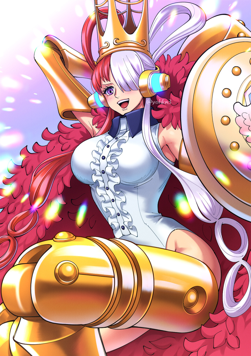 1girl arm_up armor blush breasts crown dress gauntlets hair_over_one_eye highres holding holding_shield large_breasts leotard long_hair multicolored_hair nose_blush one_eye_covered one_piece open_mouth purple_eyes redhead round_teeth shield solo teeth twitter_username uta_(one_piece) violet_eyes white_hair white_leotard youkan_(tako)