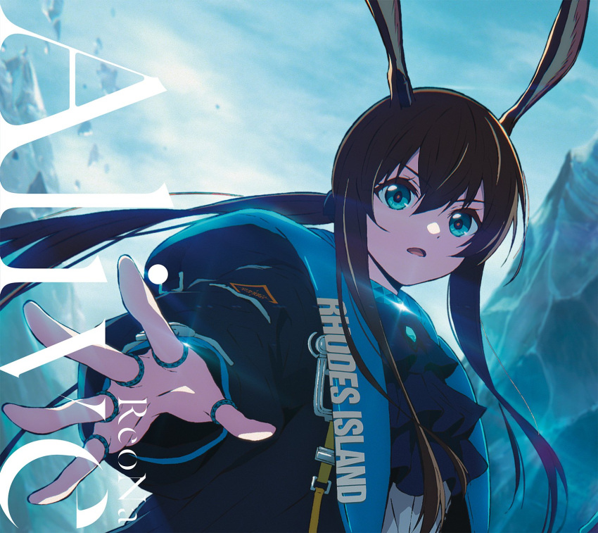 1girl album_cover amiya_(arknights) animal_ears arknights arm_up artist_request ascot bangs black_ascot black_jacket blue_eyes blue_sky brown_hair bunny_ears clothes_writing cover eyebrows_visible_through_hair hair_between_eyes highres hood hooded_jacket jacket jewelry long_hair long_sleeves looking_at_viewer mountain multiple_rings official_art open_clothes open_jacket open_mouth outdoors ponytail rabbit_ears rabbit_girl red_pupils ring sidelocks sky solo thumb_ring upper_body v-shaped_eyebrows very_long_hair