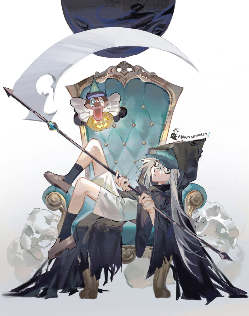 1boy aged_down aso54100857 blank_stare floating full_body hat highres holding holding_scythe hunter_x_hunter kite_(hunter_x_hunter) long_hair long_sleeves looking_at_viewer lying male_child male_focus nen_(hunter_x_hunter) on_back scythe solo throne very_long_hair white_hair