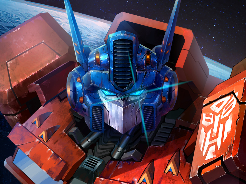 absurdres autobot blue_eyes glowing glowing_eyes highres insignia looking_at_viewer mecha no_humans optimus_prime planet realistic robot science_fiction sky space star_(sky) starry_sky tiewan transformers upper_body weapon