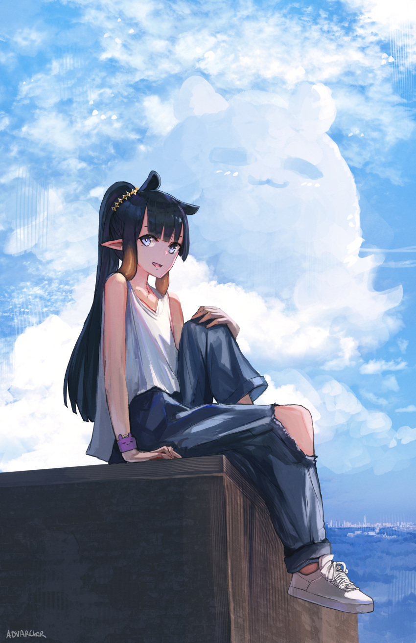 1girl absurdres anonamos artist_name bangs black_hair blue_pants blue_sky blunt_bangs cloud clouds commentary_request day denim full_body gradient_hair hand_on_own_knee highres hololive hololive_english jeans knee_up long_hair looking_at_viewer multicolored_hair ninomae_ina'nis orange_hair outdoors pants pointy_ears ponytail scenery shoes sidelocks sitting sky sleeveless sneakers solo straight_hair takodachi_(ninomae_ina'nis) torn_clothes torn_pants very_long_hair virtual_youtuber watermark white_footwear