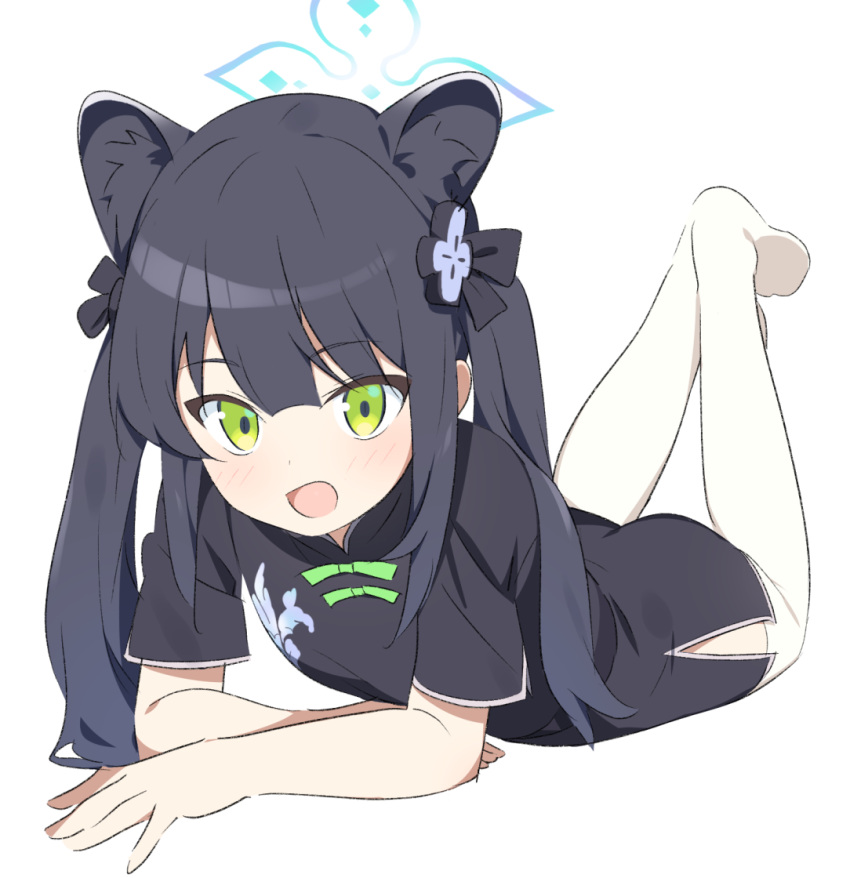 1girl :d animal_ears black_dress black_hair black_ribbon black_thighhighs blue_archive china_dress chinese_clothes dress feet_up full_body green_eyes green_ribbon hair_ribbon halo light_blush long_hair looking_at_viewer lying on_stomach open_mouth ribbon shun_(blue_archive) shun_(small)_(blue_archive) simple_background smile solo supershiruco thigh-highs two_side_up white_background