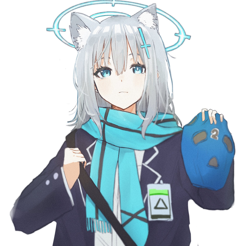 1girl animal_ear_fluff animal_ears balaclava bangs black_jacket blazer blue_archive blue_eyes blue_mask blue_necktie blue_scarf closed_mouth cross_hair_ornament grey_hair hair_between_eyes hair_ornament halo haruharu_sensei highres holding holding_mask id_card jacket long_sleeves looking_at_viewer mask medium_hair mismatched_pupils necktie open_clothes open_jacket scarf shiroko_(blue_archive) shirt simple_background solo striped striped_scarf upper_body white_background white_shirt wolf_ears