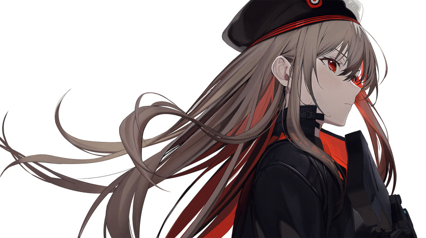1girl bangs beret black_headwear black_jacket brown_hair closed_mouth colored_inner_hair goddess_of_victory:_nikke gun hat highres holding holding_gun holding_weapon jacket kkuem long_hair looking_to_the_side multicolored_hair rapi_(nikke) red_eyes redhead simple_background solo upper_body weapon white_background