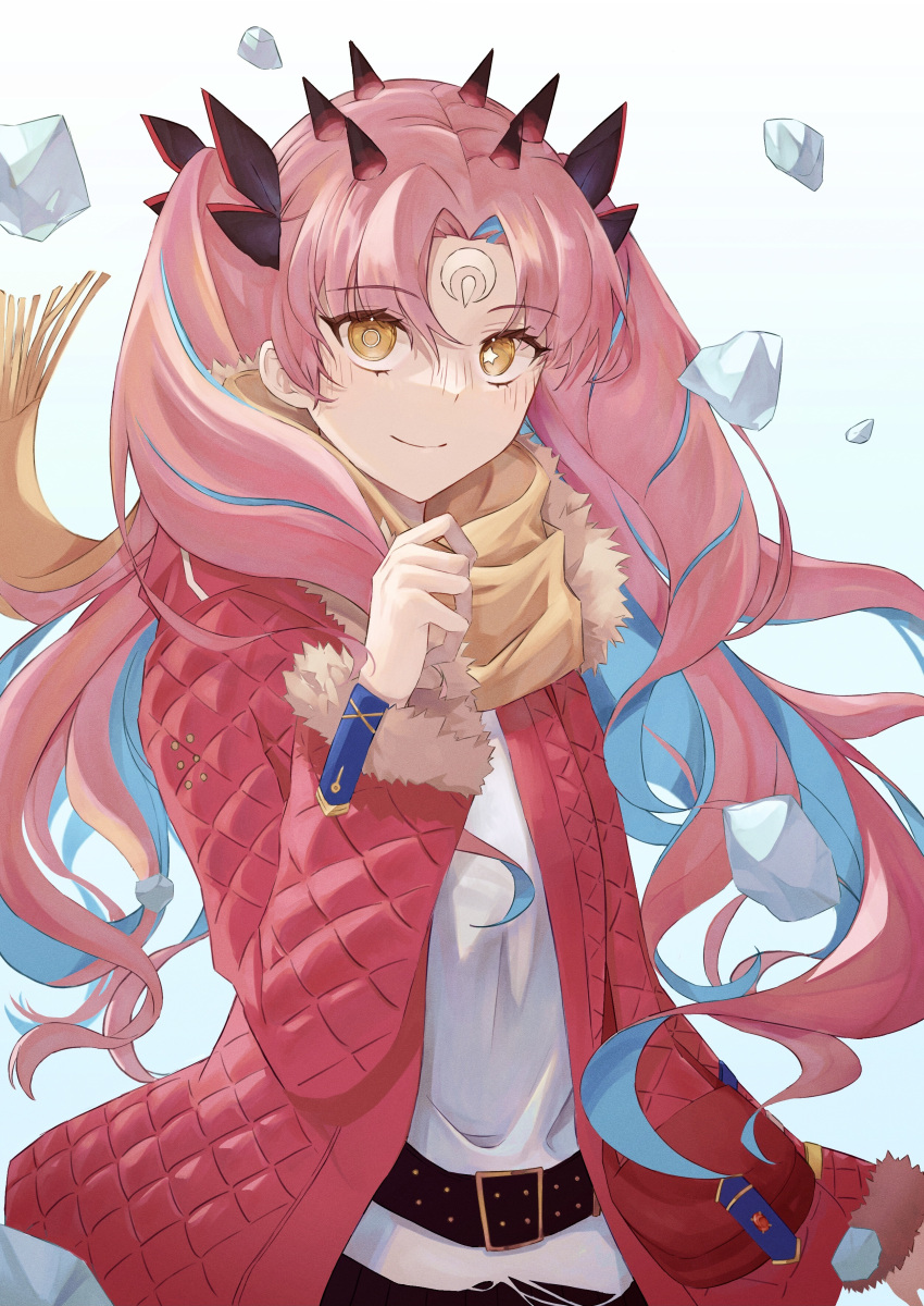 1girl absurdres belt blue_hair casual coat colored_inner_hair daachan facial_mark fate/grand_order fate_(series) forehead_mark highres horns ishtar_(fate) long_hair looking_at_viewer mismatched_pupils multicolored_hair pink_hair red_coat scarf shirt smile solo space_ishtar_(fate) space_ishtar_(third_ascension)_(fate) symbol-shaped_pupils twintails two_side_up white_shirt yellow_eyes