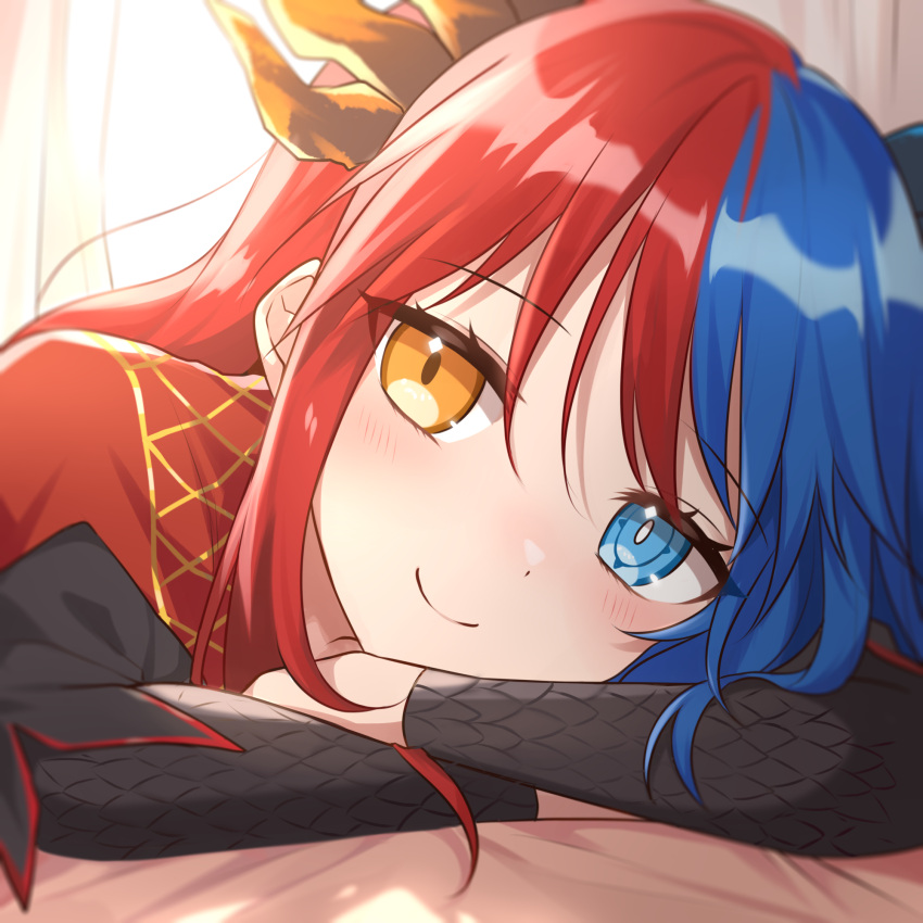 1girl bangs bed bedroom blue_eyes blue_horns blush bright_pupils commission commissioner_upload crossed_arms curtains day dragon_girl dragon_horns dress gradient_horns head_rest heterochromia highres horns inferna_dragnis light_smile long_hair looking_at_viewer monster_girl multicolored_hair multicolored_horns non-web_source orange_eyes original pale_skin puffy_sleeves red_horns smile solo split-color_hair sunlight symbol-shaped_pupils two-tone_hair usagi1923 white_pupils