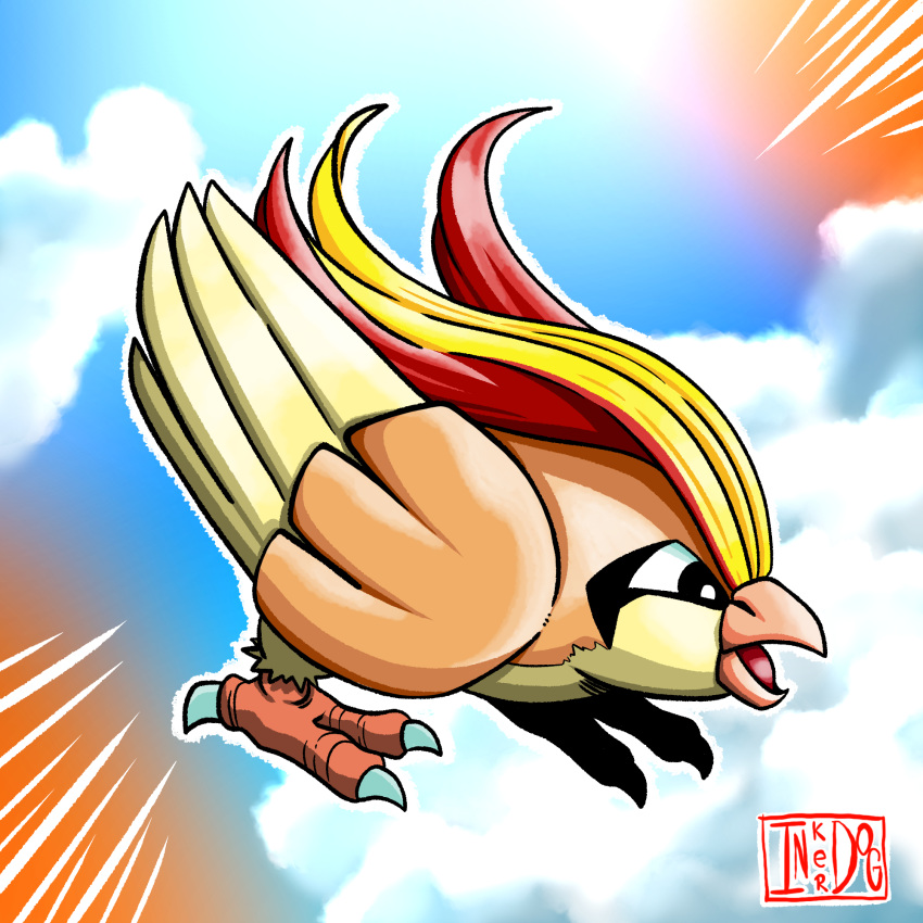 artist_logo artist_name beak bird bird_legs bird_wings blonde_hair blue_sky bright_pupils claws cloud clouds cloudy_sky colored_skin day feathered_wings feathers full_body highres inker_dog monster no_humans open_mouth outline pidgeot pokemon pokemon_(creature) pokemon_(game) redhead self_upload sky solo white_outline white_pupils wings