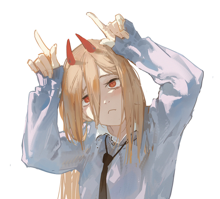 1girl :&lt; arms_up blonde_hair blue_sweater chainsaw_man commentary crosshair_pupils dino_(dinoartforame) fang hair_between_eyes highres horns horns_pose index_finger_raised index_fingers_raised long_hair looking_at_viewer power_(chainsaw_man) red_eyes red_horns shirt simple_background skin_fang solo sweater very_long_hair white_background white_shirt