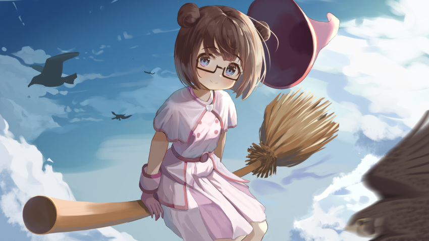 1girl animal bangs bird black-framed_eyewear blue_eyes blue_sky blurry blurry_foreground blush broom broom_riding brown_hair capelet closed_mouth clouds commentary_request day depth_of_field double_bun dress feet_out_of_frame gloves hair_bun hat hat_removed headwear_removed highres looking_at_viewer mimikaki_(men_bow) original outdoors pink_capelet pink_dress pink_gloves pink_headwear semi-rimless_eyewear short_sleeves sitting sky smile solo under-rim_eyewear witch_hat