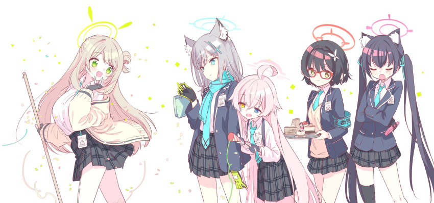 5girls :d ahoge animal_ear_fluff animal_ears armband ayane_(blue_archive) bag bangs black_gloves black_hair black_jacket blazer blue_archive blue_eyes blue_necktie blue_ribbon blue_scarf blush braid cake cake_slice cat_ears collared_shirt confetti cowboy_shot cross_hair_ornament crossed_arms crossed_bangs eyebrows_visible_through_hair fang fingerless_gloves flower food glasses gloves green_eyes green_gloves grey_hair grey_skirt hair_between_eyes hair_flower hair_ornament hair_ribbon halo heterochromia highres holding holding_bag holding_party_popper holding_plate hoshino_(blue_archive) id_card jacket light_brown_hair long_hair long_sleeves medium_hair mismatched_pupils multiple_girls necktie nogiwa_kaede nonomi_(blue_archive) open_blazer open_clothes open_jacket open_mouth orange_eyes party_popper pink_hair plaid plaid_skirt plate pleated_skirt pointy_ears red-framed_eyewear ribbon safety_pin scarf school_uniform serika_(blue_archive) shiroko_(blue_archive) shirt shirt_tucked_in short_hair silver_hair simple_background skirt sleeves_past_wrists smile streamers striped striped_scarf sweater_vest twintails two-tone_gloves very_long_hair virtual_youtuber white_background white_flower white_shirt wolf_ears yellow_jacket yellow_sweater_vest