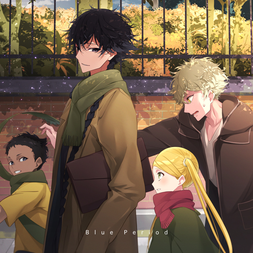 1girl 3boys absurdres bag black_eyes black_hair blonde_hair blue_period braid brick_wall brown_coat child coat copyright_name dark-skinned_male dark_skin green_coat green_scarf handbag hashida_haruka highres long_hair multiple_boys outdoors red_scarf scarf sugisoar sweatdrop twin_braids twintails yaguchi_yatora