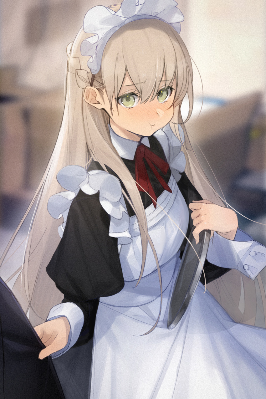 1girl 1other apron bangs black_dress blurry blurry_background blush bow bowtie brown_hair cup depth_of_field dress green_eyes highres holding holding_cup indoors juliet_sleeves long_hair long_sleeves looking_at_viewer maid maid_apron maid_day maid_headdress nishikikope nose_blush original out_of_frame pout puffy_sleeves red_bow red_bowtie shirt_tug solo upper_body