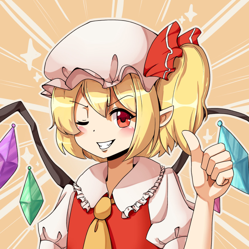 1girl ;d ascot blonde_hair emphasis_lines english_commentary flandre_scarlet frilled_shirt_collar frills hair_between_eyes hat highres looking_at_viewer medium_hair mob_cap multicolored_wings one_eye_closed one_side_up pointy_ears praeto puffy_short_sleeves puffy_sleeves red_eyes red_vest shirt short_sleeves simple_background smile solo teeth thumbs_up touhou upper_body v-shaped_eyebrows vest white_headwear white_shirt wings yellow_ascot yellow_background
