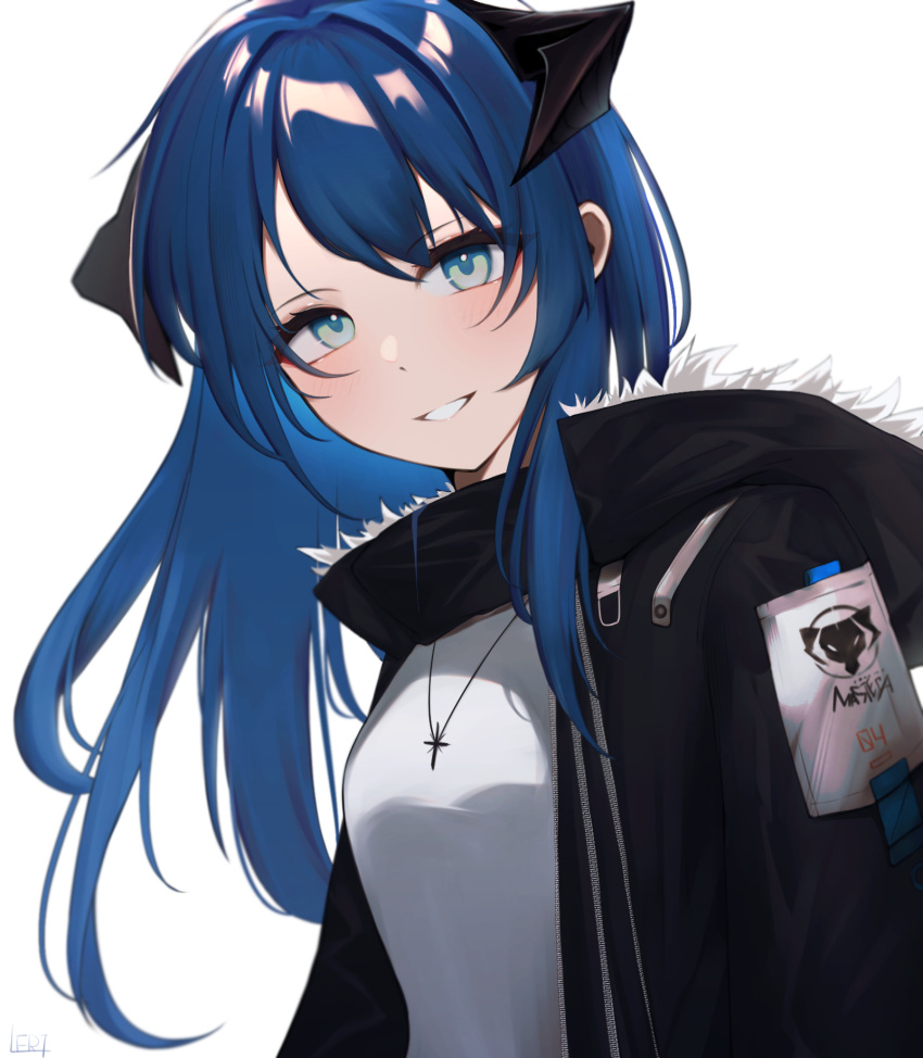 1girl arknights bangs black_jacket blue_eyes blue_hair fur-trimmed_jacket fur_trim gradient_background grin highres horns jacket jewelry l_eri long_hair looking_at_viewer mostima_(arknights) necklace open_clothes open_jacket open_mouth shirt simple_background smile solo upper_body white_background white_shirt