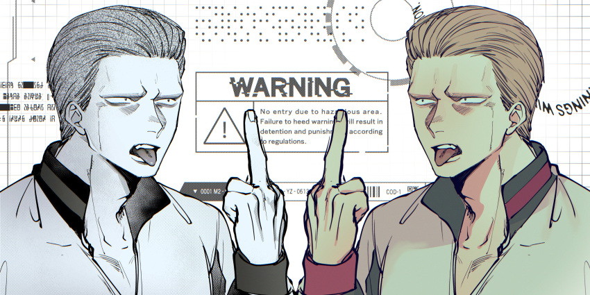 1boy :p absurdres collared_shirt english_text frown greyscale hair_slicked_back highres hunter_x_hunter index_finger_raised male_focus monochrome nachos_(chos_na) open_mouth phinx shirt short_hair tongue tongue_out upper_body