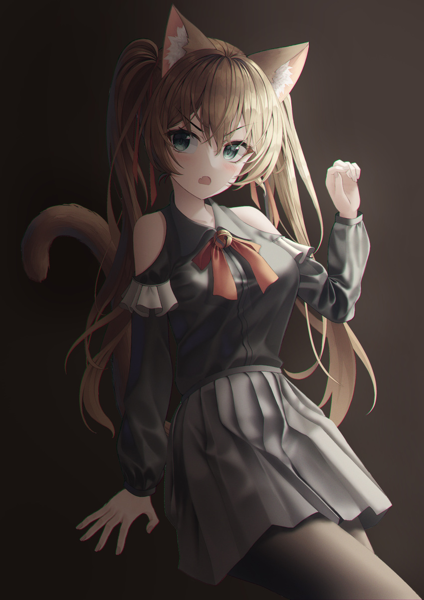 1girl absurdres alpha_beast animal_ear_fluff animal_ears arm_up bangs bare_shoulders bell black_shirt blush breasts brown_hair brown_pantyhose cat_ears cat_tail collarbone commentary cowboy_shot fang fingernails green_eyes grey_skirt hand_on_floor highres light long_hair long_sleeves looking_at_viewer neck_bell neck_ribbon open_mouth original pantyhose pleated_skirt red_ribbon ribbon shadow shirt skirt solo standing tail twintails