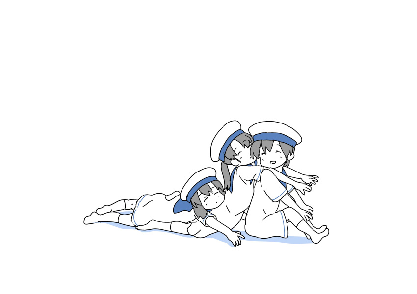 3girls absurdres black_hair blue_sailor_collar closed_eyes daitou_(kancolle) dress hat hiburi_(kancolle) highres kantai_collection leaning_on_person low_ponytail lying madmag1990 monochrome multiple_girls negative_space on_stomach sailor_collar sailor_dress sailor_hat short_hair short_sleeves shounan_(kancolle) sidelocks twintails white_dress white_headwear