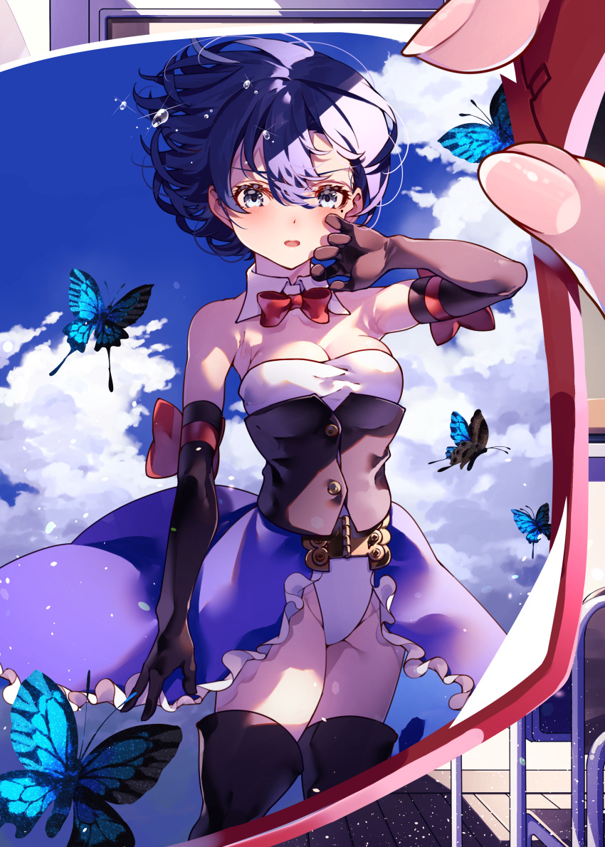 1girl absurdres aircraft airplane animal armpits bare_shoulders black_gloves blue_butterfly blue_eyes blue_hair blue_sky boots bow bowtie breasts bug butterfly butterfly_hair_ornament butterfly_wings clouds commentary_request detached_collar elbow_gloves fingernails frilled_skirt frills glasses gloves highres holding holding_eyewear insect kochou_shinobu leotard looking_at_viewer mole mole_under_eye original puni_(punycolors) shedding short_hair skirt sky solo thigh_boots thighhighs thighs