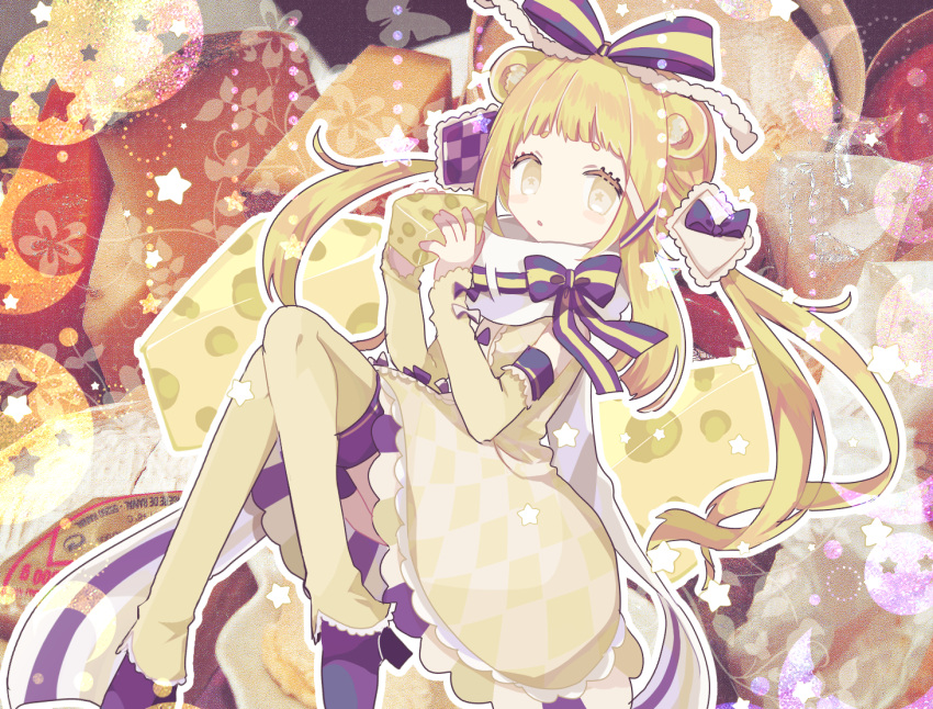 1girl animal_ears blonde_hair bow cheese detached_sleeves dress food hair_bow holding holding_food lace-trimmed_dress lace_trim long_hair mouse_ears original parted_lips purple_bow purple_footwear purple_ribbon ribbon solo star_(symbol) twintails usagi_nui whip_(usagi_nui) white_bow yellow_dress yellow_eyes yellow_sleeves