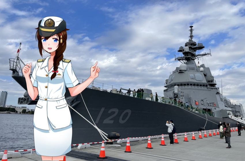 1girl 6+others ahoge alternate_costume black_hair blue_eyes blue_sky braid brown_hair clouds day destroyer feet_out_of_frame female_service_cap hair_flaps hair_ornament hair_over_shoulder hat highres japan_maritime_self-defense_force japan_self-defense_force kantai_collection military military_uniform military_vehicle multiple_others murasame_ryuu outdoors pencil_skirt photo_background shigure_(kancolle) shigure_kai_ni_(kancolle) ship shirt single_braid skirt sky uniform warship watercraft white_headwear white_shirt white_skirt