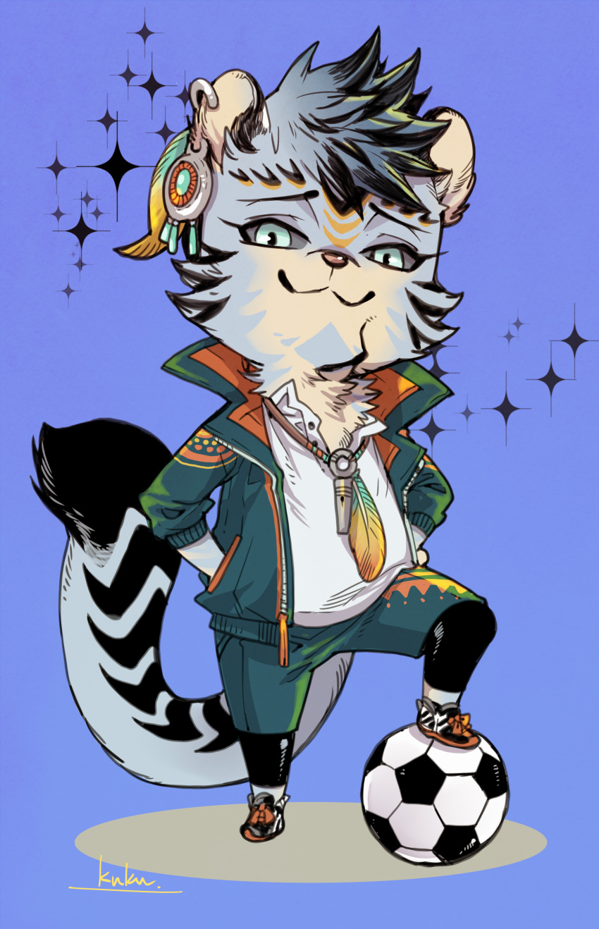1boy absurdres animal_ears animal_nose ball blue_background blue_eyes blue_fur chest_tuft chibi closed_mouth collared_jacket colored_sclera commentary_request earrings facial_hair feather_necklace foot_up full_body furry furry_male green_jacket grey_sclera hand_in_pocket highres ixbalanque_(housamo) jacket jaguar_boy jaguar_ears jaguar_tail jewelry large_tail leggings_under_shorts male_focus necklace shirt shoes short_hair shubuka_masamune signature smile smug snout soccer_ball solo sparkle tail tokyo_afterschool_summoners white_shirt