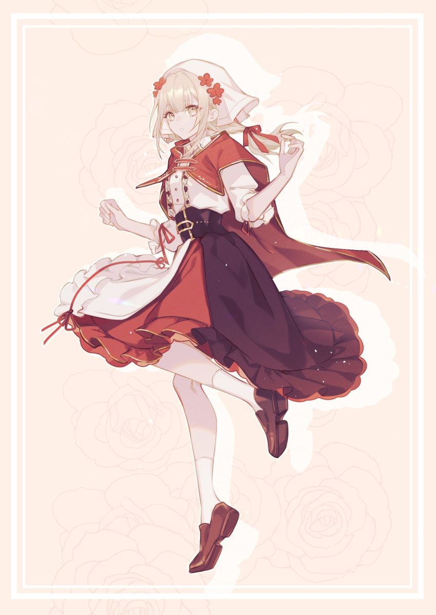 1girl apron azusawa_kohane black_skirt blonde_hair bow brown_footwear capelet flower gold_trim hair_bow hair_flower hair_ornament head_scarf highres loafers looking_at_viewer project_sekai red_bow red_capelet red_flower red_skirt shirt shoes skirt slc_yh sleeves_past_elbows solo standing standing_on_one_leg w_arms white_apron white_legwear white_shirt yellow_eyes