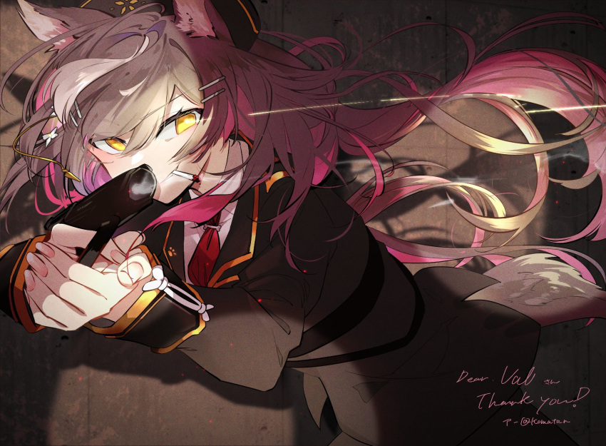 1girl animal_ears black_suit brown_hair business_suit chisaka_airi cigarette collared_shirt commentary commission flower formal from_side grin gun hair_flower hair_ornament hairclip handgun highres holding holding_gun holding_weapon komato_n long_hair long_sleeves looking_at_viewer multicolored_hair narrowed_eyes necktie phase_connect pink_hair red_necktie running shirt skeb_commission smile solo streaked_hair suit symbol-only_commentary tail upper_body weapon white_shirt wolf_ears wolf_girl wolf_tail yellow_eyes