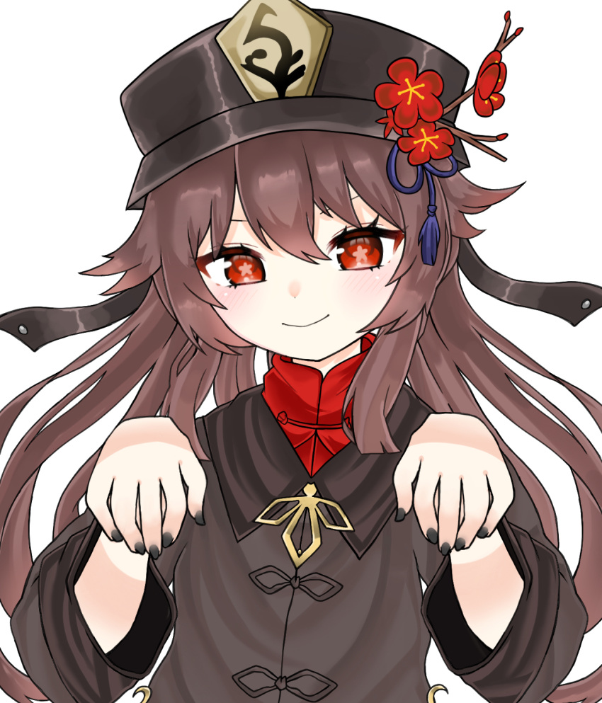 &gt;:) 1girl bangs black_headwear black_jacket black_nails brown_hair closed_mouth codename_jaroa commentary_request eyebrows_hidden_by_hair flower flower-shaped_pupils genshin_impact hair_between_eyes hands_up hat hat_flower highres hu_tao_(genshin_impact) jacket long_hair long_sleeves looking_at_viewer nail_polish red_eyes red_flower red_shirt shirt simple_background smile solo symbol-shaped_pupils upper_body v-shaped_eyebrows very_long_hair white_background
