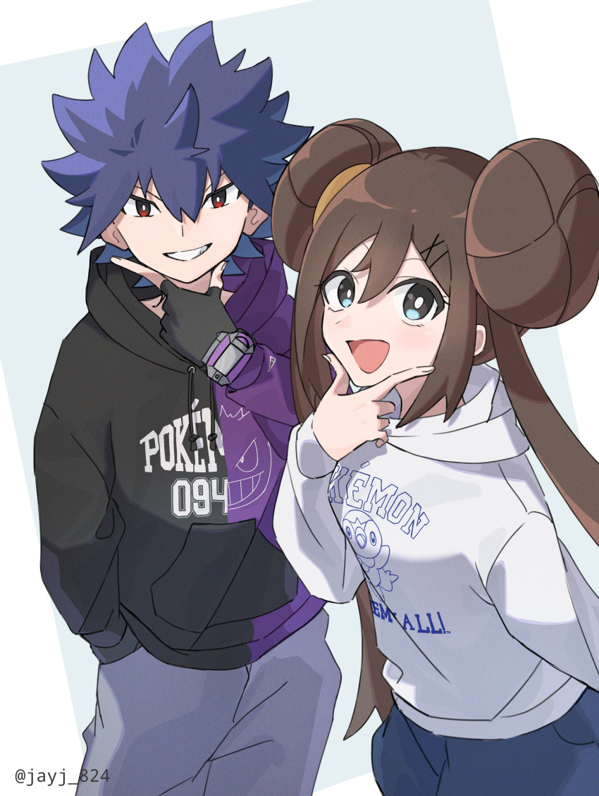 1boy 1girl :d absurdres alternate_costume bangs black_gloves black_hair black_hoodie blue_eyes bright_pupils brown_hair character_print commentary_request double_bun doughnut_hair_bun fingerless_gloves gloves grey_pants grin hair_bun hand_in_pocket hand_on_own_chin hand_up highres hood hoodie hugh_(pokemon) jayj_824 long_hair looking_at_viewer mei_(pokemon) open_mouth pants piplup pokemon pokemon_(game) pokemon_bw2 print_hoodie red_eyes rosa_(pokemon) short_hair smile spiky_hair stroking_own_chin twintails white_hoodie white_pupils