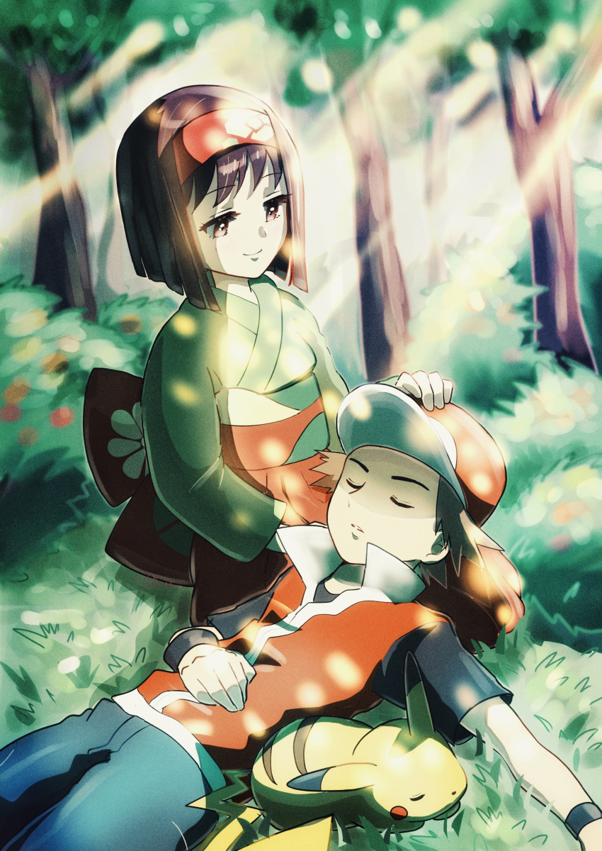 1boy 1girl absurdres back_bow bangs black_hair black_wristband blue_pants bow brown_hair bush dappled_sunlight erika_(pokemon) forest grass green_kimono hairband hakama hand_on_another's_head hat highres japanese_clothes kimono lap_pillow looking_at_another looking_down nature on_grass pants pikachu pokemon pokemon_(creature) pokemon_(game) pokemon_frlg pokemon_lgpe red_(pokemon) red_hairband red_hakama red_headwear red_shirt seiza shirt short_hair sitting sleeping sunlight tonayon tree wristband